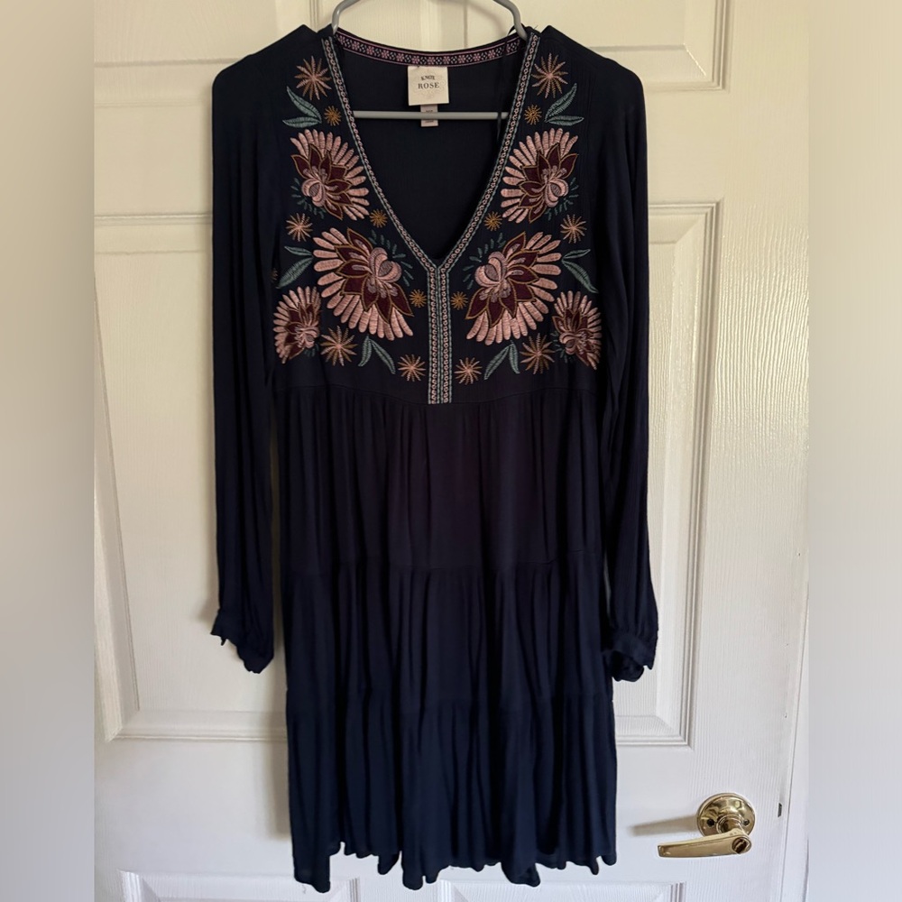 Target Long Sleeve Tiered Floral Embroidered Navy Mini Dress, X-Small